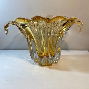 Vintage Golden Amber Hand Blown Glass Vase with Drip Handles